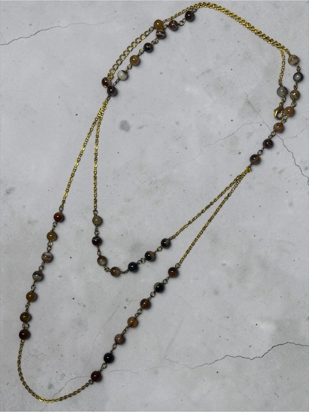 Gold Tone Layered Necklace with Brown and Tigereye Stones